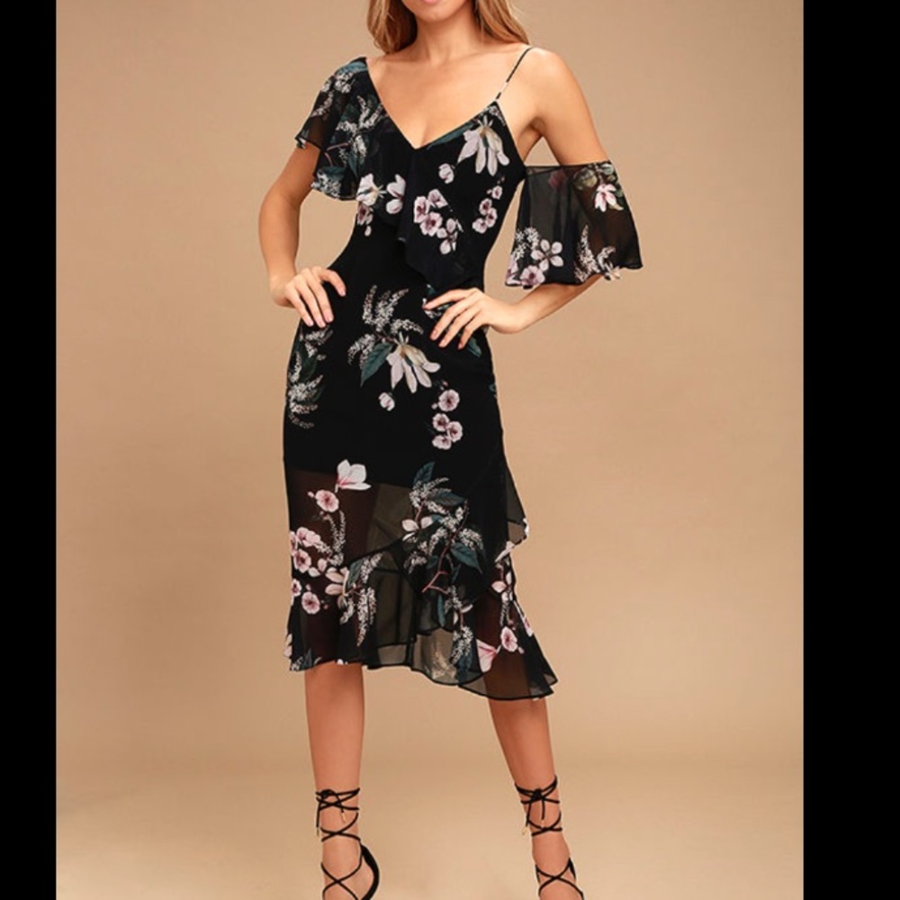 Keepsake Black Floral Print Chiffon Midi Wedding Guest Dress
